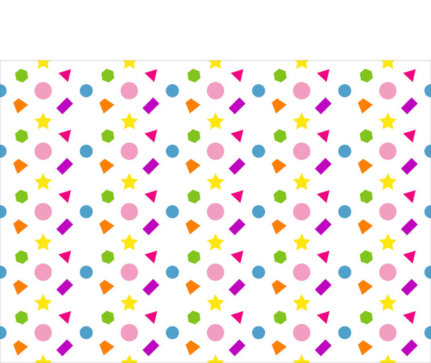 Patrón de figuras geométricas, círculos, trapezoides, estrellas, hexágonos y triángulos en amarillo, verde, rosa, violeta, púrpura, azul y naranja sobre fondo blanco - Vector, Imagen