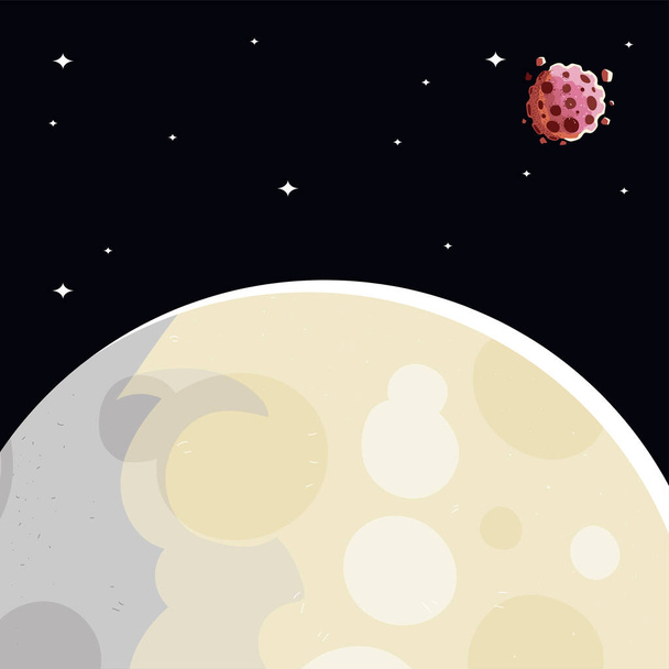 espacio noche luna estrellas y asteroides fondo oscuro - Vector, imagen