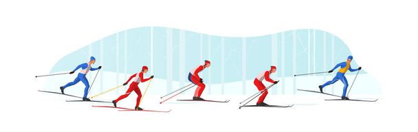 Los esquiadores en ropa deportiva están esquiando usando bastones de esquí y esquís. Atletas participan en competición de deportes de invierno. - Vector, Imagen