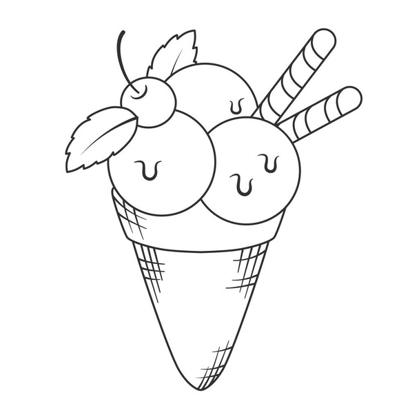 Outline ice cream balls in the waffle cone isolated on white background. Line art vector illustration. - Vector, Image