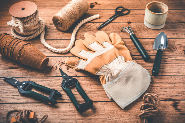 Gardening tools and equipment on wooden background - Photo, Image