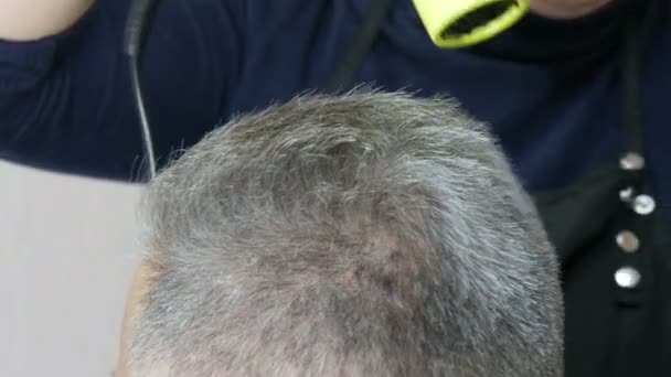 Stylish bright green hairdryer blows off excess cropped gray hair from a middle-aged man in a hairdressing salon - Footage, Video