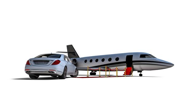 3D візуалізація зображення лімузина і приватного реактивного літака, що представляє подорожі високого класу
  - Фото, зображення