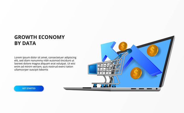groei online economie online winkelen concept met illustratie van trolley, laptop computer, groei omhoog pijl, gouden munt geld. illustratie van landingspagina - Vector, afbeelding