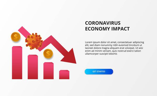 Ausbreitung des Coronavirus Wirtschaft Auswirkungen. Die Wirtschaft fällt und fällt. Schlagen Aktienmarkt und Weltwirtschaft. 2019-nCoV-Virus. Grafik mit 3D-Virus und rotem Bärenpfeil-Konzept - Vektor, Bild