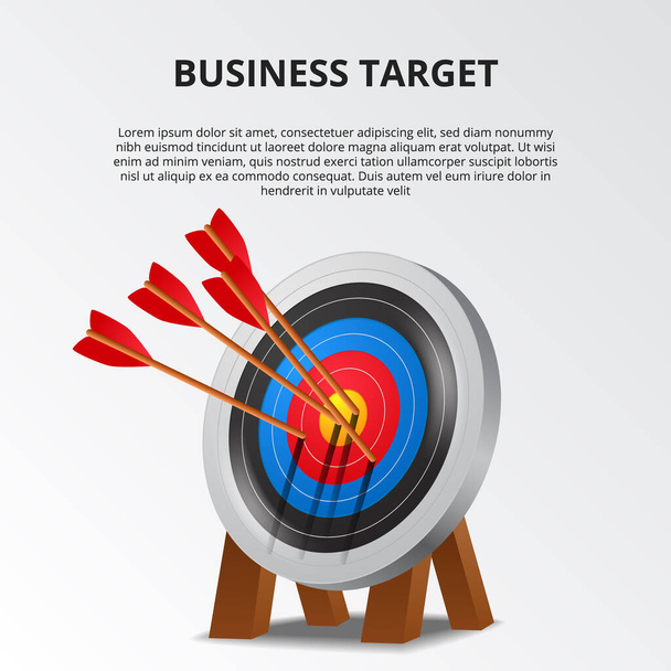 Успешная стрелка из лука на доске цели 3D. концепция иллюстрации достижения бизнес-цели. шаблон плаката - Вектор,изображение