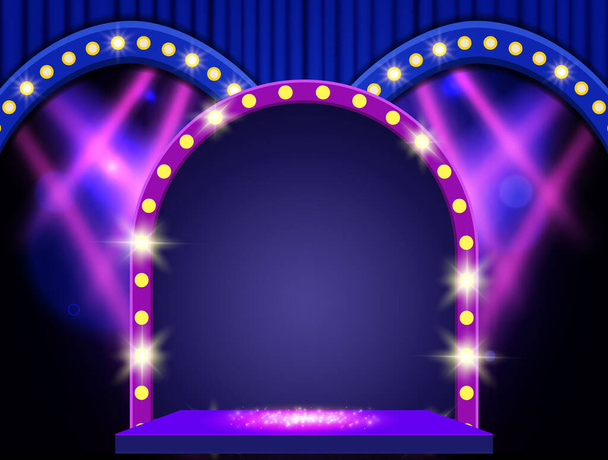 青のカーテン、表彰台、スポットライトやレトロアーチバナーと背景。プレゼンテーション、コンサート、ショーのためのデザイン。ベクターイラスト - ベクター画像