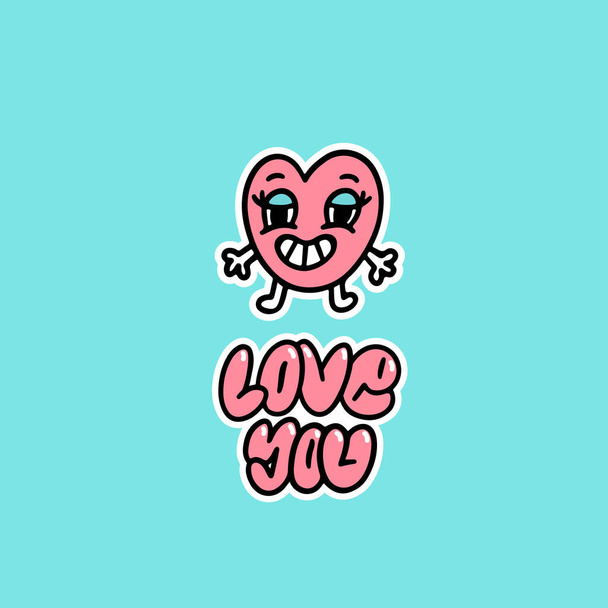 Αστείος χαρακτήρας κινουμένων σχεδίων Καρδιά και επιγραφή: Σ 'αγαπώ. Εικονογράφηση διάνυσμα σε στυλ doodle απομονώνονται σε μπλε φόντο . - Διάνυσμα, εικόνα