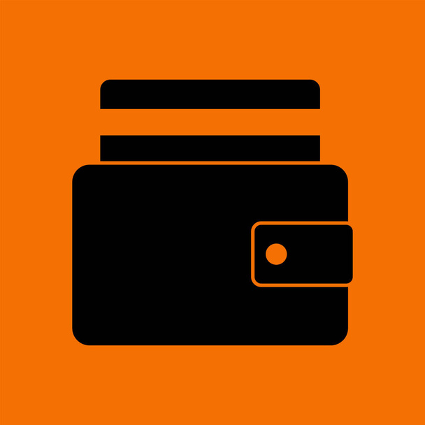 La tarjeta de crédito sale del icono del monedero. Negro sobre fondo naranja. Ilustración vectorial. - Vector, imagen