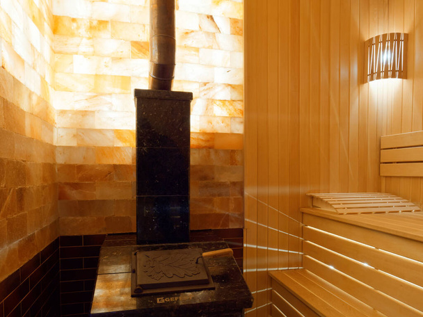 wooden sauna interior wood-fired sauna with LED lighting 2021 - Valokuva, kuva