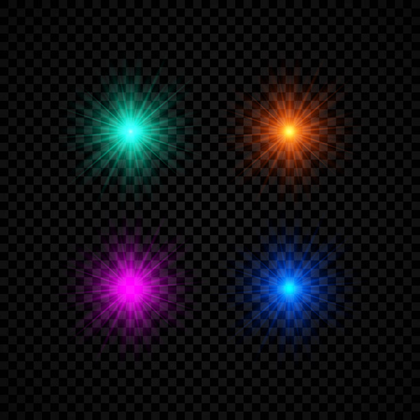 Легкий ефект спалаху лінз. Набір з чотирьох зелених, помаранчевих, фіолетових і синіх сяючих вогнів спалахує зірочками на темному прозорому фоні. Векторні ілюстрації
 - Вектор, зображення
