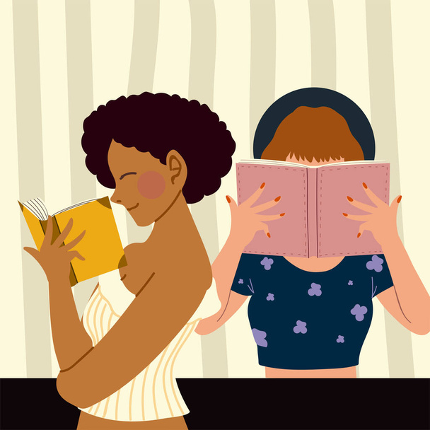 entretenido mujeres leyendo libros retrato - Vector, Imagen