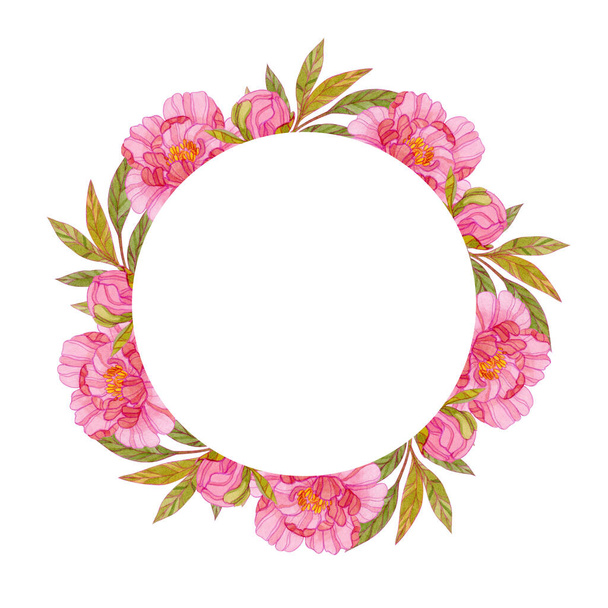 Akvarell koszorú rózsaszín bazsarózsa elszigetelt fehér alapon. Virágkeret meghívók, plakátok, kártyák készítéséhez. Romantikus sablon esküvő, Valentin-nap. - Fotó, kép