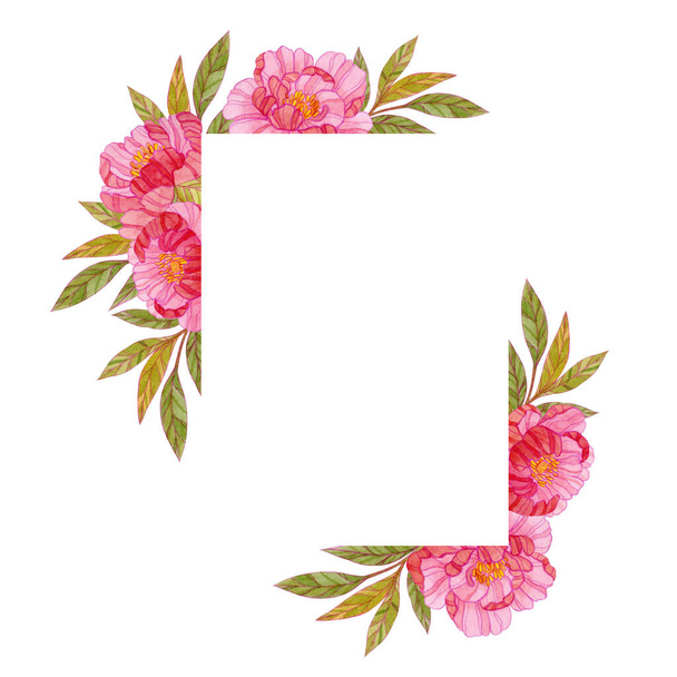 水彩ピンクの牡丹と緑の葉を持つ長方形のフレーム。招待状、ポスター、カードを作成するための花のフレーム。結婚式のためのロマンチックなテンプレート、バレンタインデー.  - 写真・画像