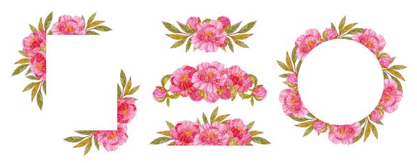 Collection of watercolor hand drawn floral frames and borders with  peonies and leaves. Floral frames for creating invitations, posters, cards. Romantic templates for wedding, valentine's day.  - Foto, afbeelding