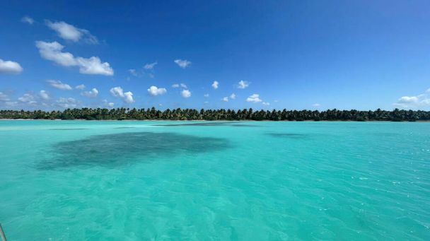 Oceaan of zee kalmeren wateroppervlak onder een blauwe lucht met een paar wolken. Uitzicht op de kust met een strand en tropische bomen. Vakantiepark paradijs in de zomer - Foto, afbeelding