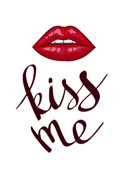 Lips Kiss and hand lettering text Kiss Me. Romantic background with red lip shape. Print, Greeting card or poster design template. Vector illustration. Isolated on white - Vektori, kuva