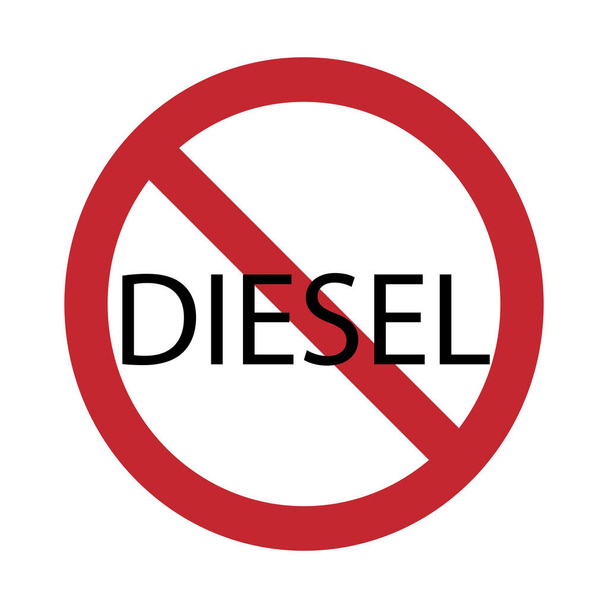 Vektorisiluetti ei dieselautojen pääsymerkkiä valkoisella taustalla. Kuljetuksen, ympäristön, auton, liikenteen, varoituksen, saastumisen tunnus. - Vektori, kuva