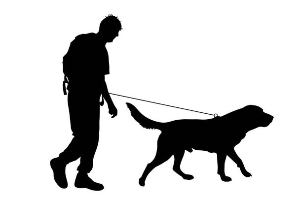 Silueta vectorial del hombre que pasea con su perro con correa sobre fondo blanco. Símbolo de animal, mascota, amigos, caminar. - Vector, imagen