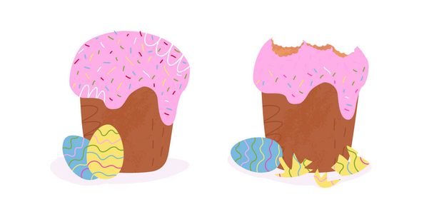 gâteau de Pâques avant et après. Sur la gauche, pâtisserie décorée et oeufs, sur la droite avec glaçage et coquille d'oeuf - Vecteur, image