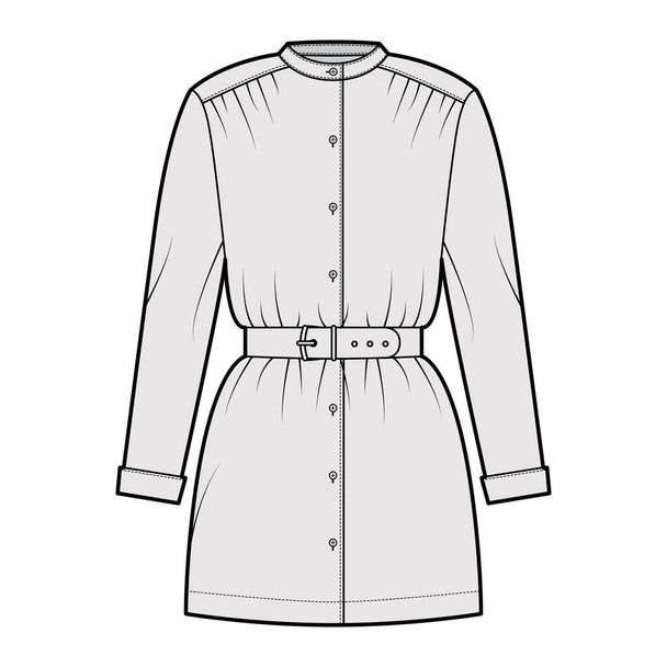 Belted μπλούζα τεχνική απεικόνιση μόδας με μακριά μανίκια, κολάρο περίπτερο, oversized, κουμπί επάνω, διευρυμένη στρίφωμα. Επίπεδη - Διάνυσμα, εικόνα