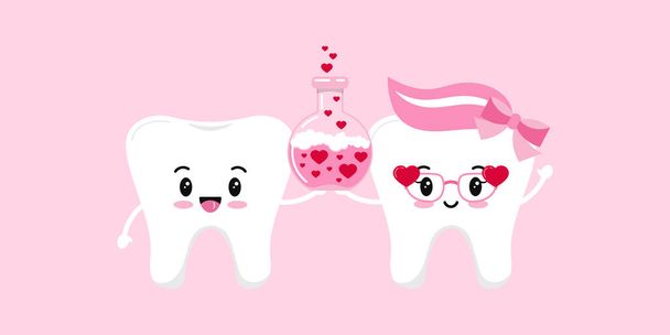 Tooth couple in love with chemistry flask and hearts - Vector, afbeelding