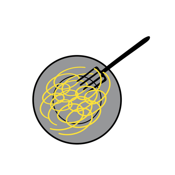 Fekete kézzel rajzolt vázlatos lapos vektor illusztráció forró spagettiről a tányéron villával. Sárga és szürke - Vektor, kép