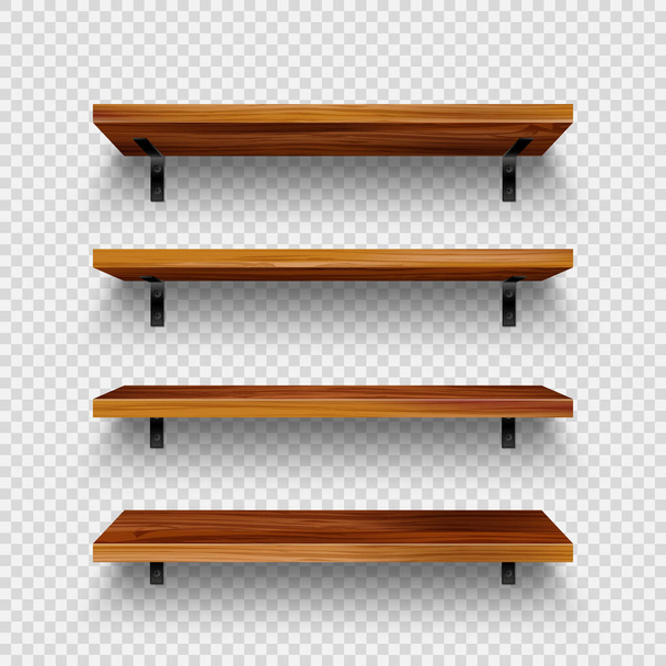 Realistic empty wooden store shelves set. Product shelf with wood texture and black wall mount. Grocery rack. Vector illustration. - Vector, Image