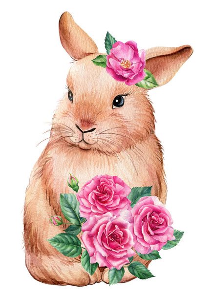 Nyuszi rózsaszín virágok fehér elszigetelt háttér, akvarell illusztráció - Fotó, kép