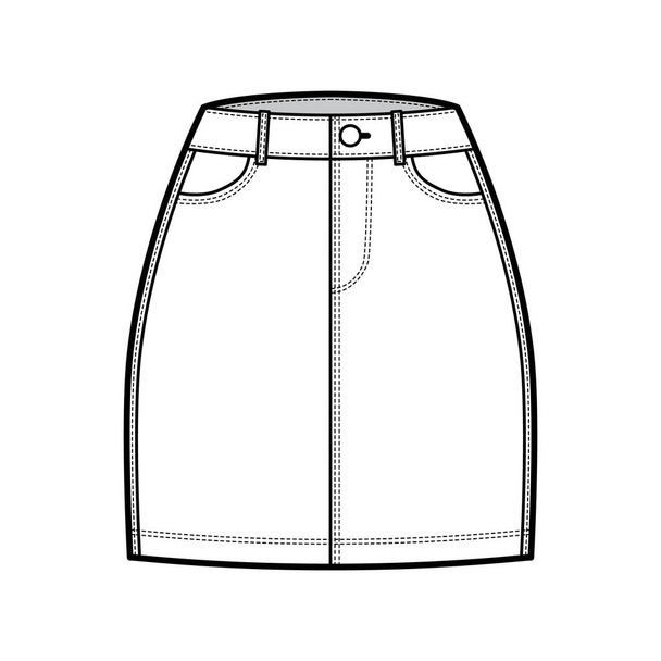 Jeansrock technische Modeillustration mit Minilänge, normaler Taille, Hochhaus, geschwungenen und abgewinkelten Taschen. Flach - Vektor, Bild