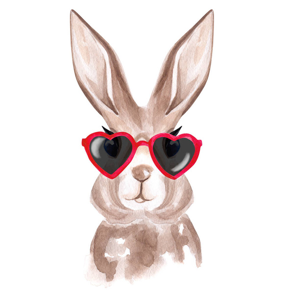 Funny watercolor rabbit in sunglasses. Bunny illustration - Photo, Image