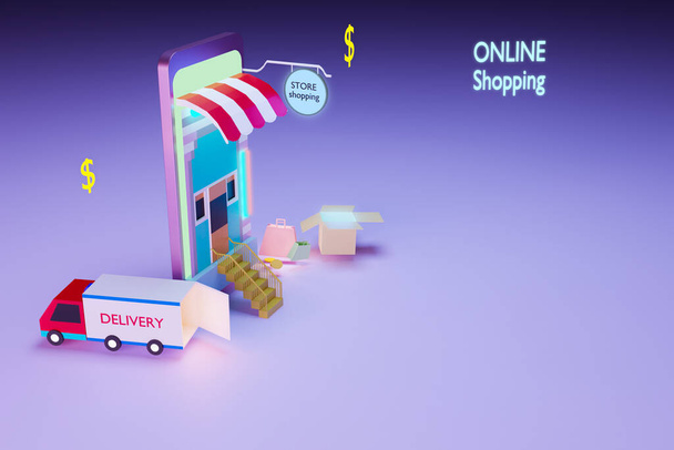 online shopping by smart phone, internet marketing concept, 3d illustration rendering - Foto, Imagem