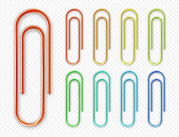 Realistic colorful metal paper clips on checkered background. Page holder, binder. Vector illustration. - Vector, Image