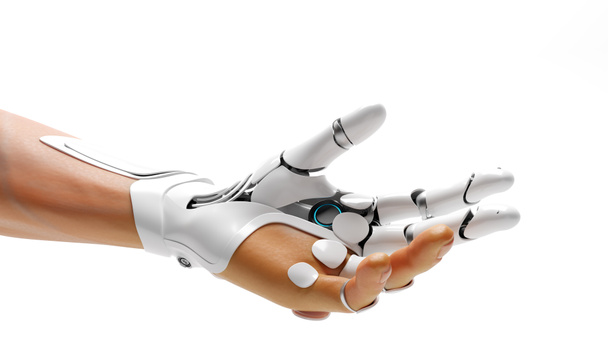 Mão biônica robótica conectada com a mão humana. Tecnologia moderna, medicina de prótese. Ilustração 3D - Foto, Imagem
