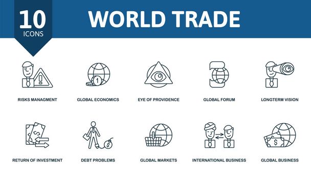 世界貿易のアイコンを設定します。コレクションには、開発ソリューション、リスク管理、グローバル経済、摂理の目、グローバルフォーラムおよびアイコンが含まれています。世界貿易要素セット. - ベクター画像