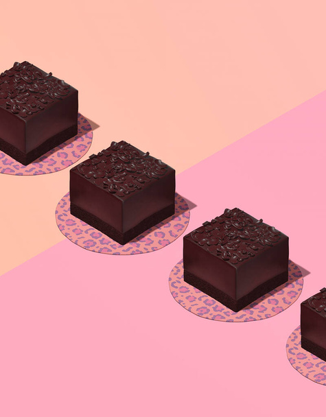 創造的な最小限の食品デザイン3Dは、等角ピンククリームバニラ空間でチョコレートブラウニーケーキをレンダリングします。レストラン、パン屋、キャンディーショップ、フードデリバリーコンセプト｜モダンアート. - 写真・画像