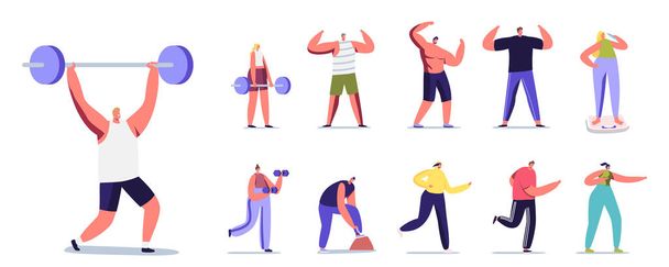 Conjunto de personajes masculinos y femeninos haciendo deporte. Hombres o mujeres haciendo ejercicio con Barbell, Correr, Posar, Mostrar Cuerpo Perfecto - Vector, Imagen