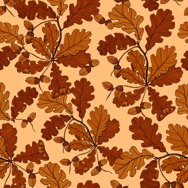 seamless vintage hand-drawn background with Oak leaves with acorns, - Fotó, kép
