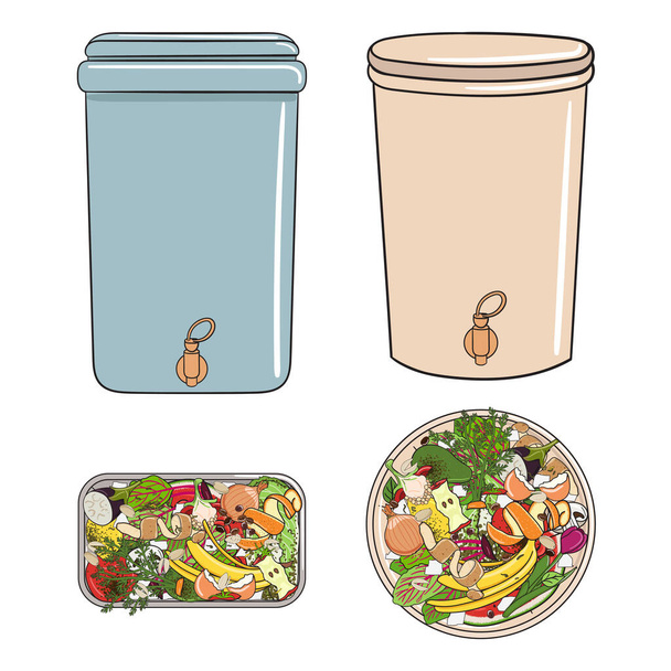 Kompostierbehälter mit Küchenabfällen, Obst und Gemüse. Kein verschwendetes Essen. Biomüll recyceln, Kompost. Nachhaltiges Leben, Null-Abfall-Konzept. Handgezeichnete Vektorillustration.  - Vektor, Bild