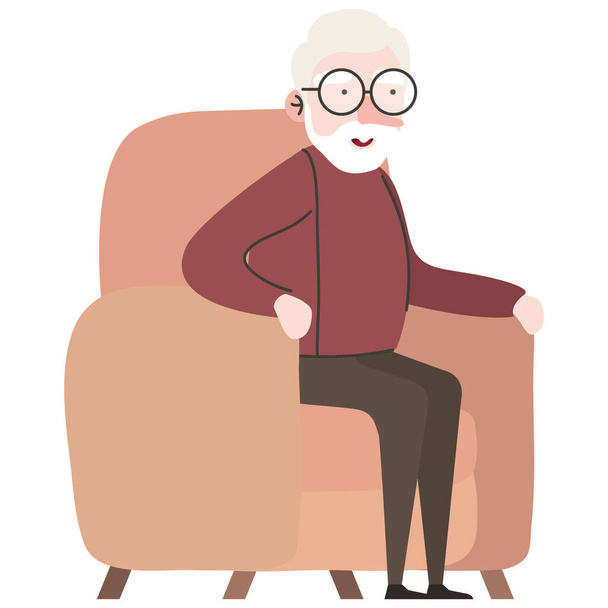 χαριτωμένο μέλος του παππού κάθεται στον καναπέ χαρακτήρα - Διάνυσμα, εικόνα