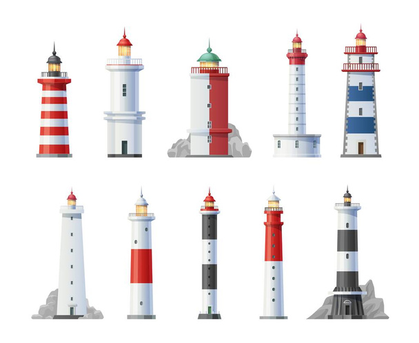 Old lighthouses towers buildings cartoon set. Sailing navigation safety signal light on shore rock, coastlines searchlight stripped tower with lantern section, entrance and balcony vector - Vector, Image