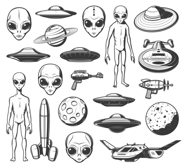 Aliens, ufo and space shuttles vector retro icons. Extraterrestrial comer with long arms, skinny body and huge eyes. Laser gun, saturn planet and spaceshipwith alien saucers in cosmos isolated labels - Vector, Image