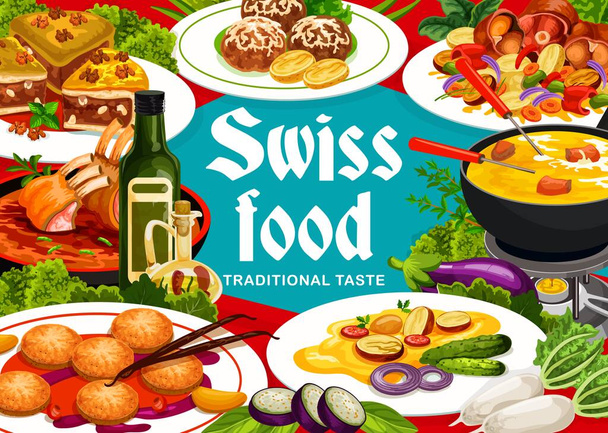 İsviçre mutfağı kuzu grizon, patatesli raclette, samur brunalı kurabiyeler, Jura kantonundan peynirli börekler. Peynirli fondü, alp kuzu fileto, ingiliz fındıklı turta, İsviçre yemek posteri - Vektör, Görsel