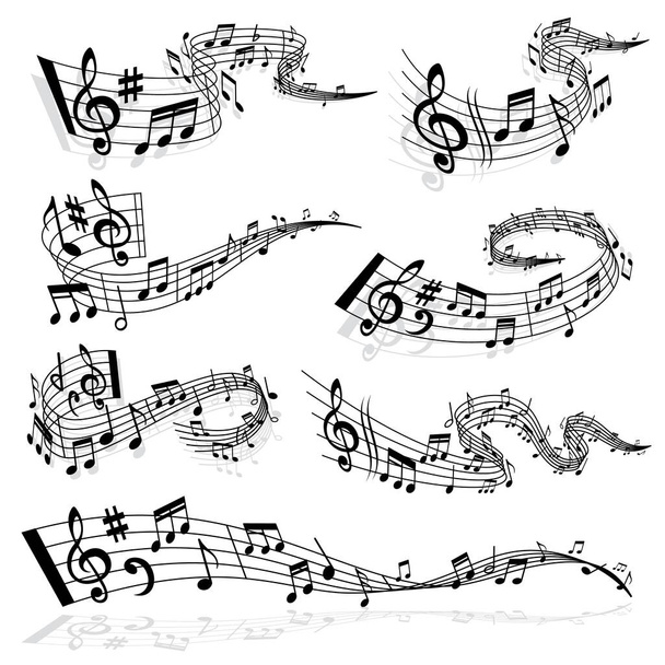 Hudební vlna s notami a trojitými symboly kláves na vektoru osnovy. Melodie a zvukový tok, harmonie zvuku a koncepce pohybu strany. Hudební noty se zakřivily a vířily na bílém pozadí - Vektor, obrázek