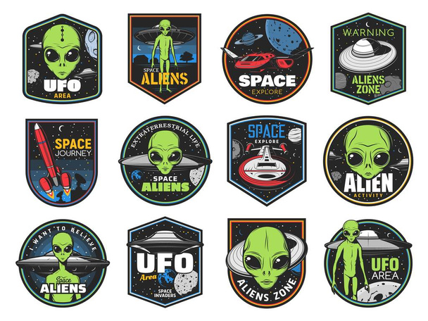Aliens, ufo area and space shuttles vector retro icons. Extraterrestrial comer with green skin and huge eyes. Space exploration labels with spaceship in outer cosmos, saucers in starry sky, alien zone - Vector, Image