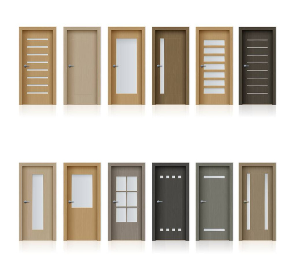 Interior doors isolated vector realistic design elements for room or office decoration, 3d wooden brown doorways with metal doorknobs and glass windows. Domestic or hotel closed residential doors set - Vector, Image