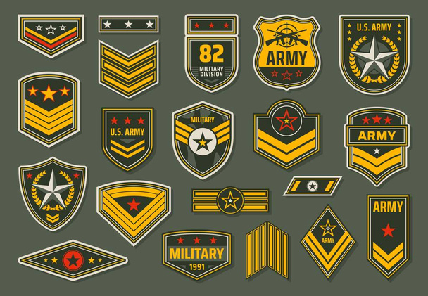 USA armed forces badges, military service staff ranks insignia. Army emblems, shoulder chevrons or epaulets with stars, rate stripes and service rifles on khaki background vector - Vektor, Bild