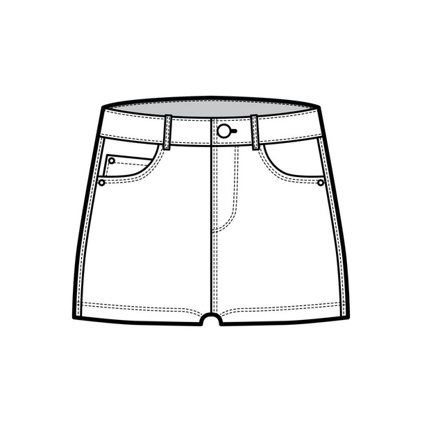 Denim hot short pants technical fashion illustration with micro length, low waist, low rise, 5 pockets. Flat bottom - Vector, Image