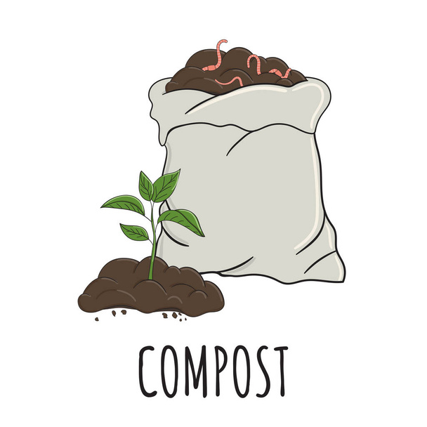 Zahradní organické hnojivo s klíčky. Připravit kompost v pytli s červy. Recyklace organického odpadu. Udržitelný životní koncept. Ručně kreslená vektorová ilustrace.  - Vektor, obrázek