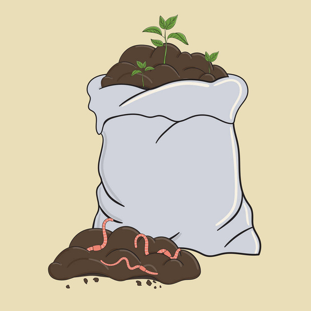Organischer Gartendünger mit Würmern. Fertiger Komposthaufen im Sack mit Keimen. Biomüll recyceln. Nachhaltiges Wohnkonzept. Handgezeichnete Vektorillustration.  - Vektor, Bild